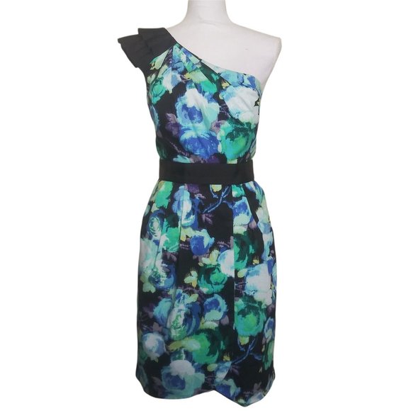Eliza J Blue Floral One Shoulder Dress Tulip Hem Pockets 12 - Picture 1 of 5